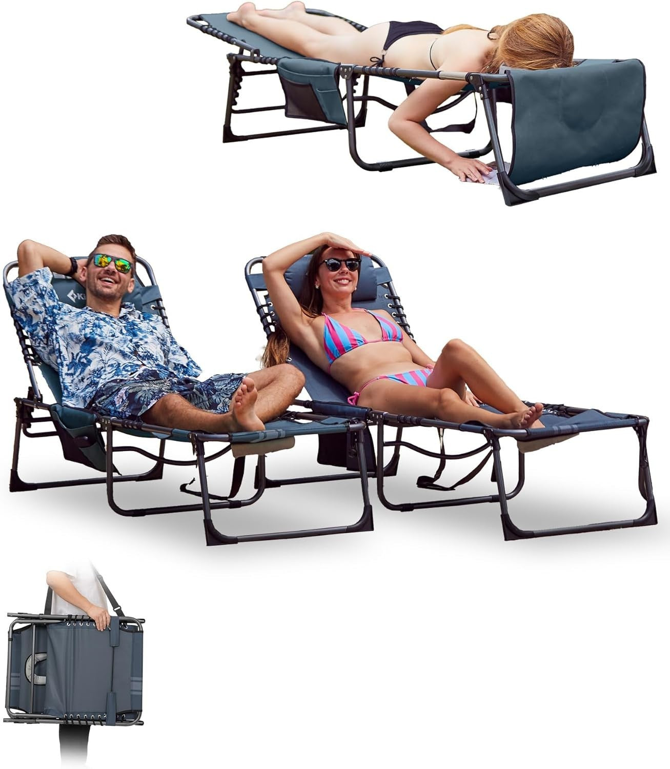 2x Reclining Sun Lounger Set Foldable Chairs w/ Face Hole for Garden Beach