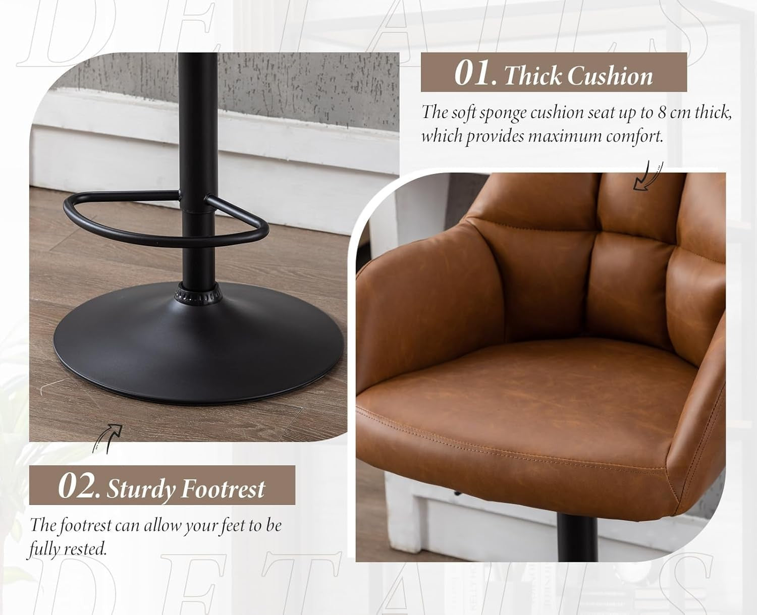 Adjustable home bar Brown PU Leather Bar Stools Set of 2 Swivel Kitchen Counter