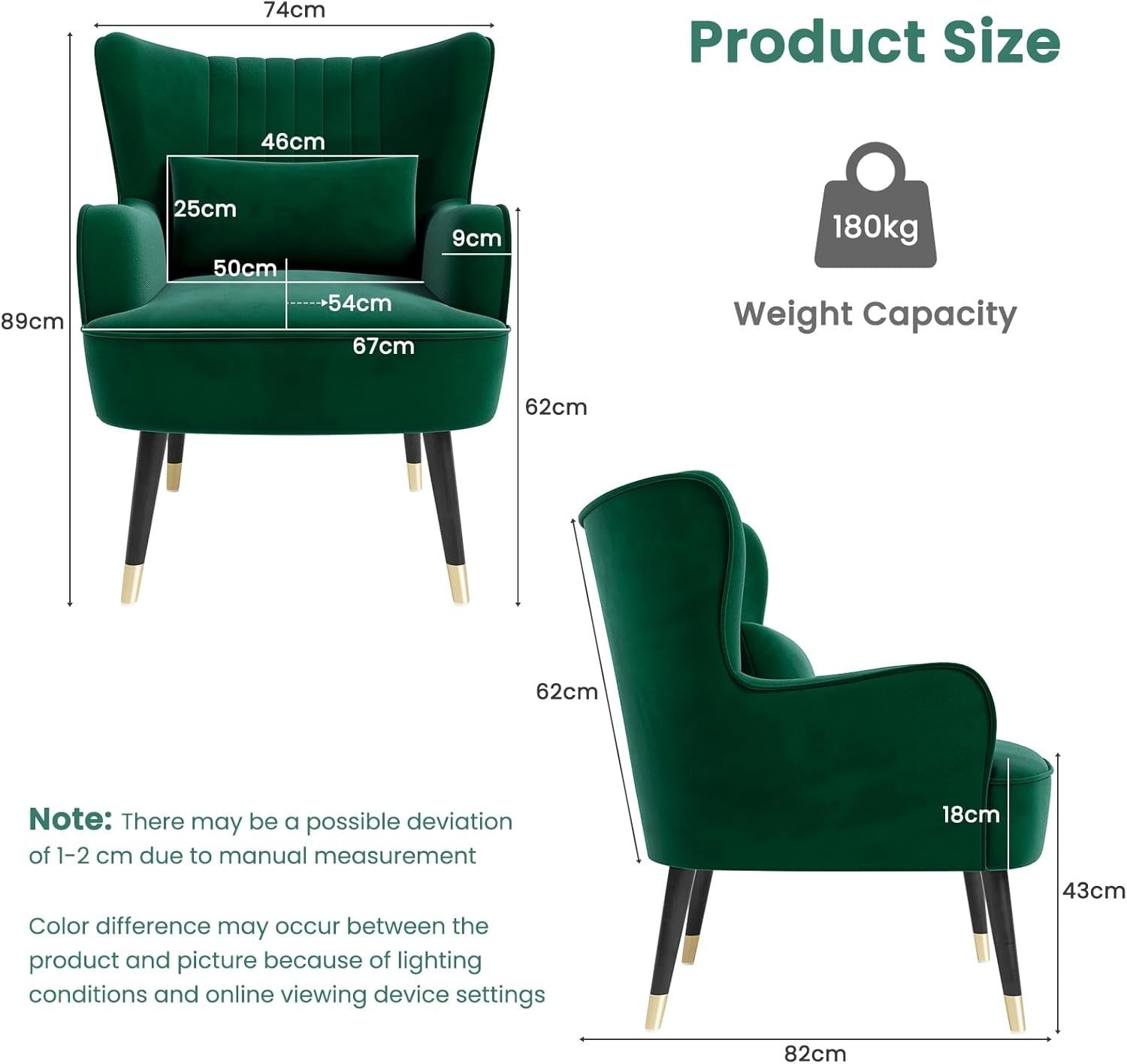 Velvet Armchair Lounge Chair with Lumbar Pillow – Modern Green Accent