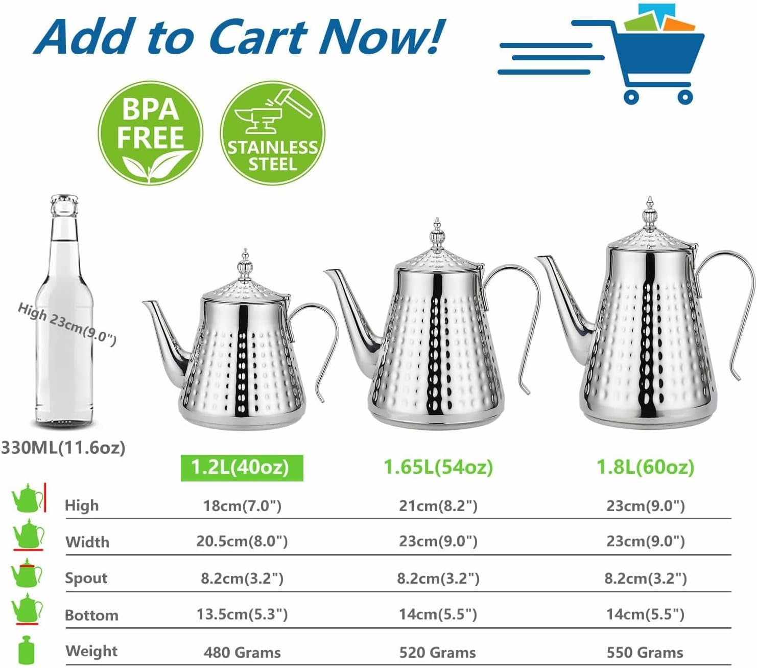 Stainless Steel Teapot 40oz 1.2L Tea Pot w/ Infuser Hammered Finish