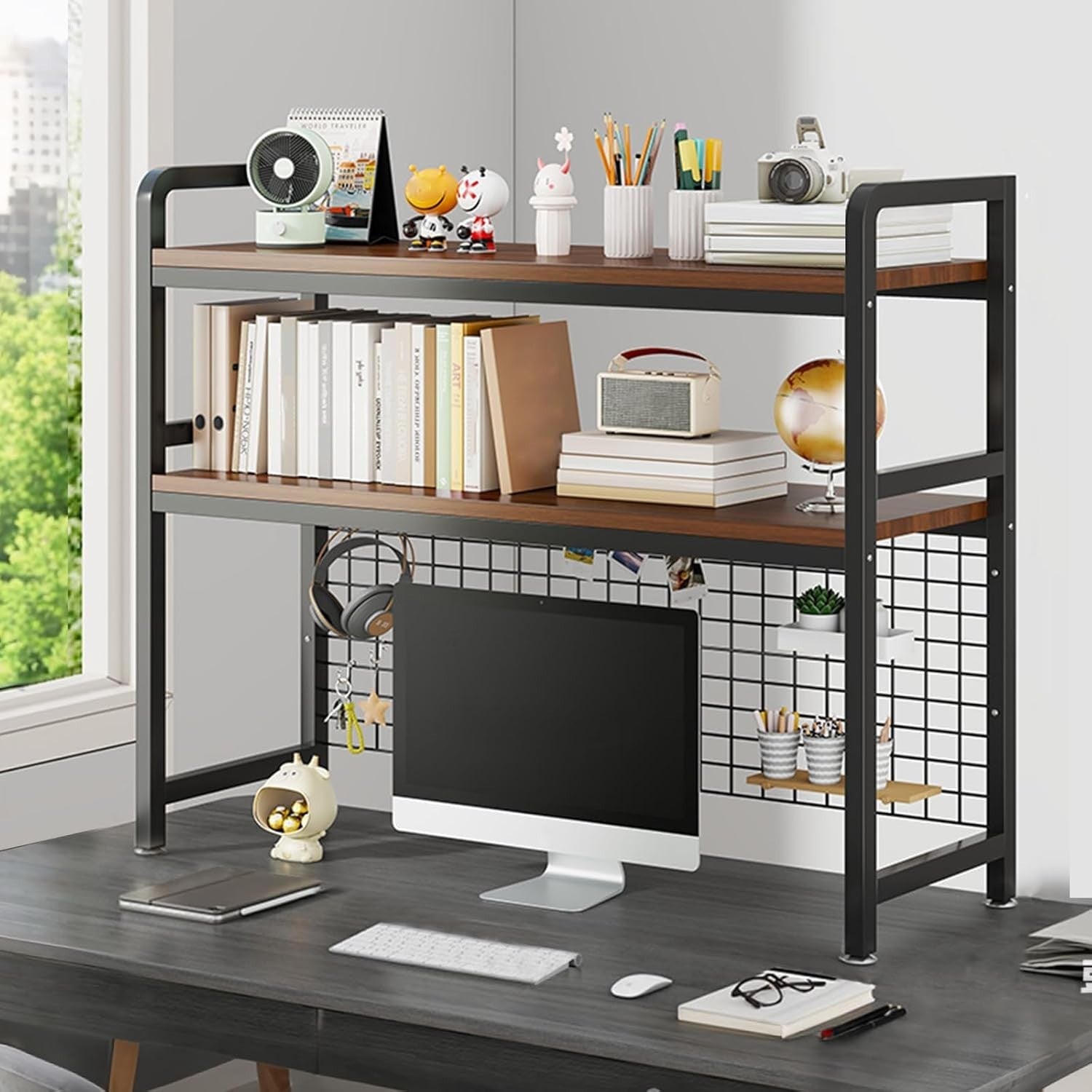 2-Tier Desktop Bookshelf Hutch Metal/Wood Storage Rack Heavy Duty 135cm Black