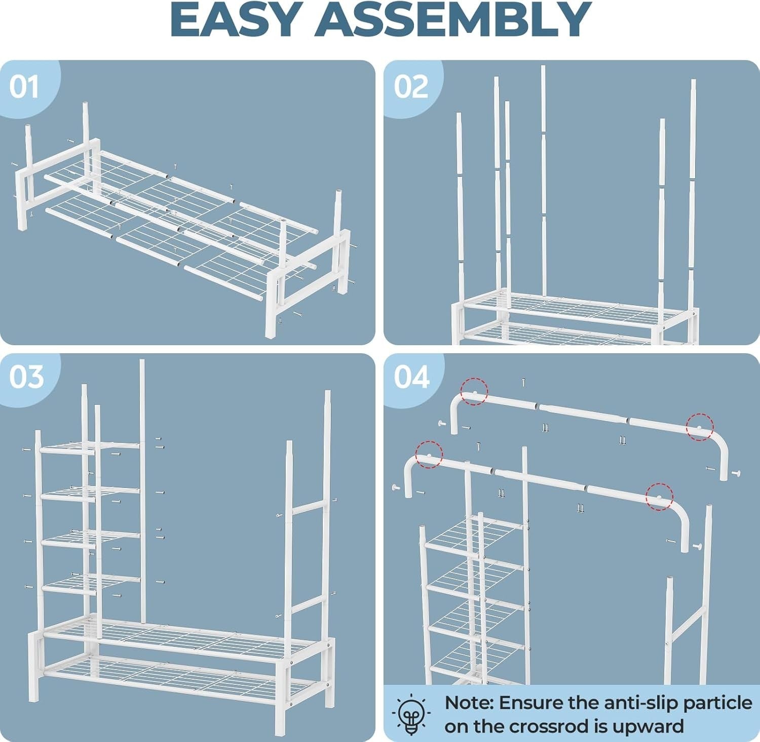 Heavy Duty Clothes Rail Double Rods Shelves Shoe Rack White