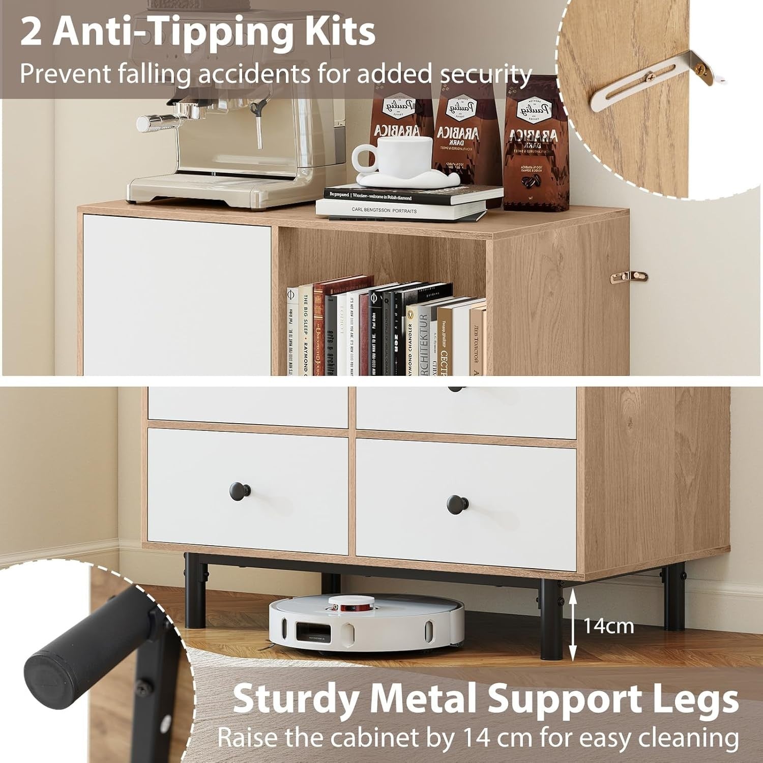 Modern 4 Drawer Sideboard Cabinet White & Natural with Open Shelf & Anti-Tip
