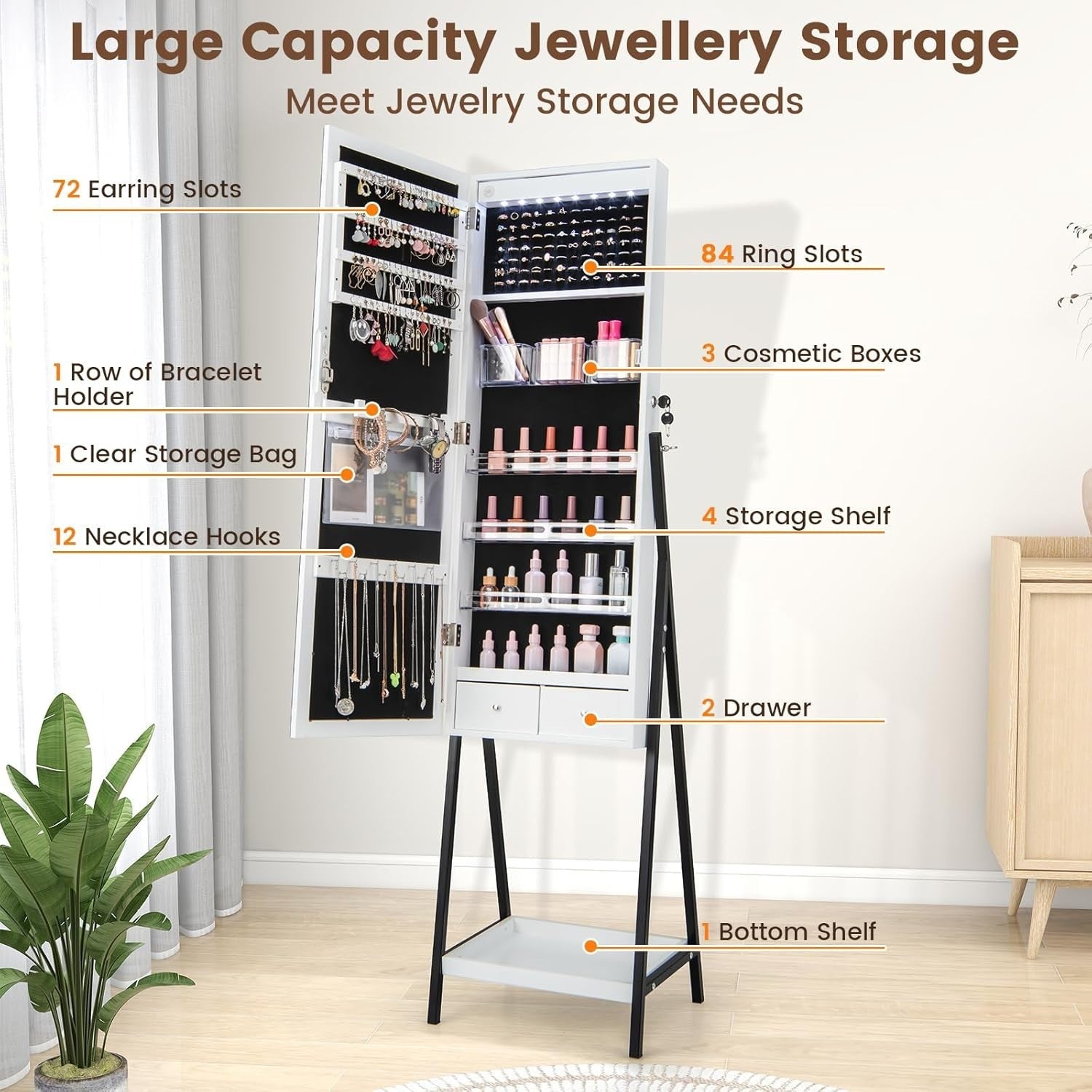 White LED Jewellery Cabinet Lockable Full Length Mirror Storage