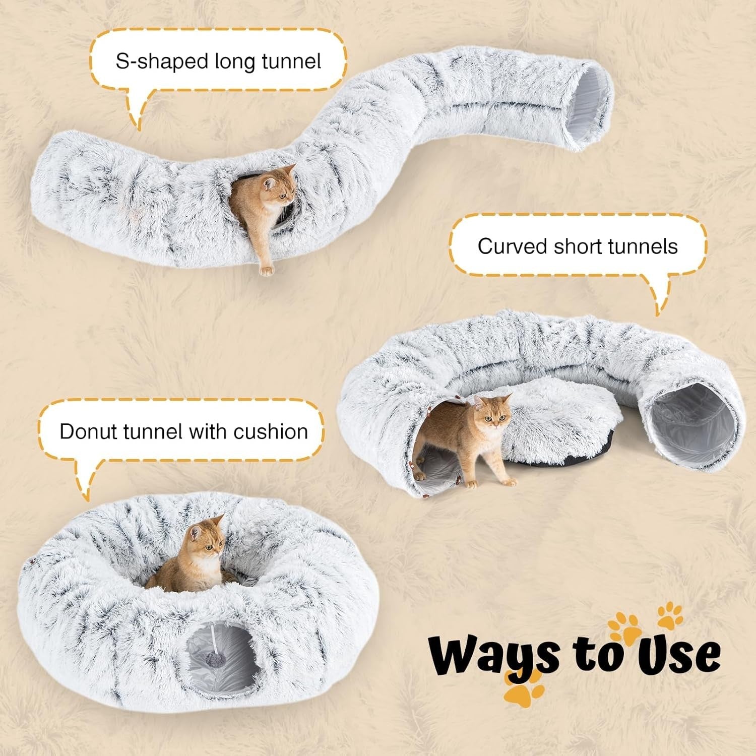 Cat Tunnel Bed Donut Play Tunnel Large Circle w Central Mat Grey