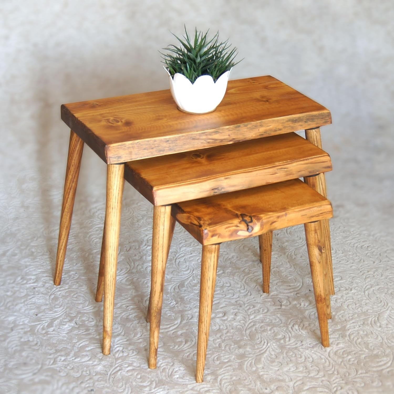 Nesting Coffee Side Tables Solid Teak Wood Set 3pcs Small Mid-Century Modern
