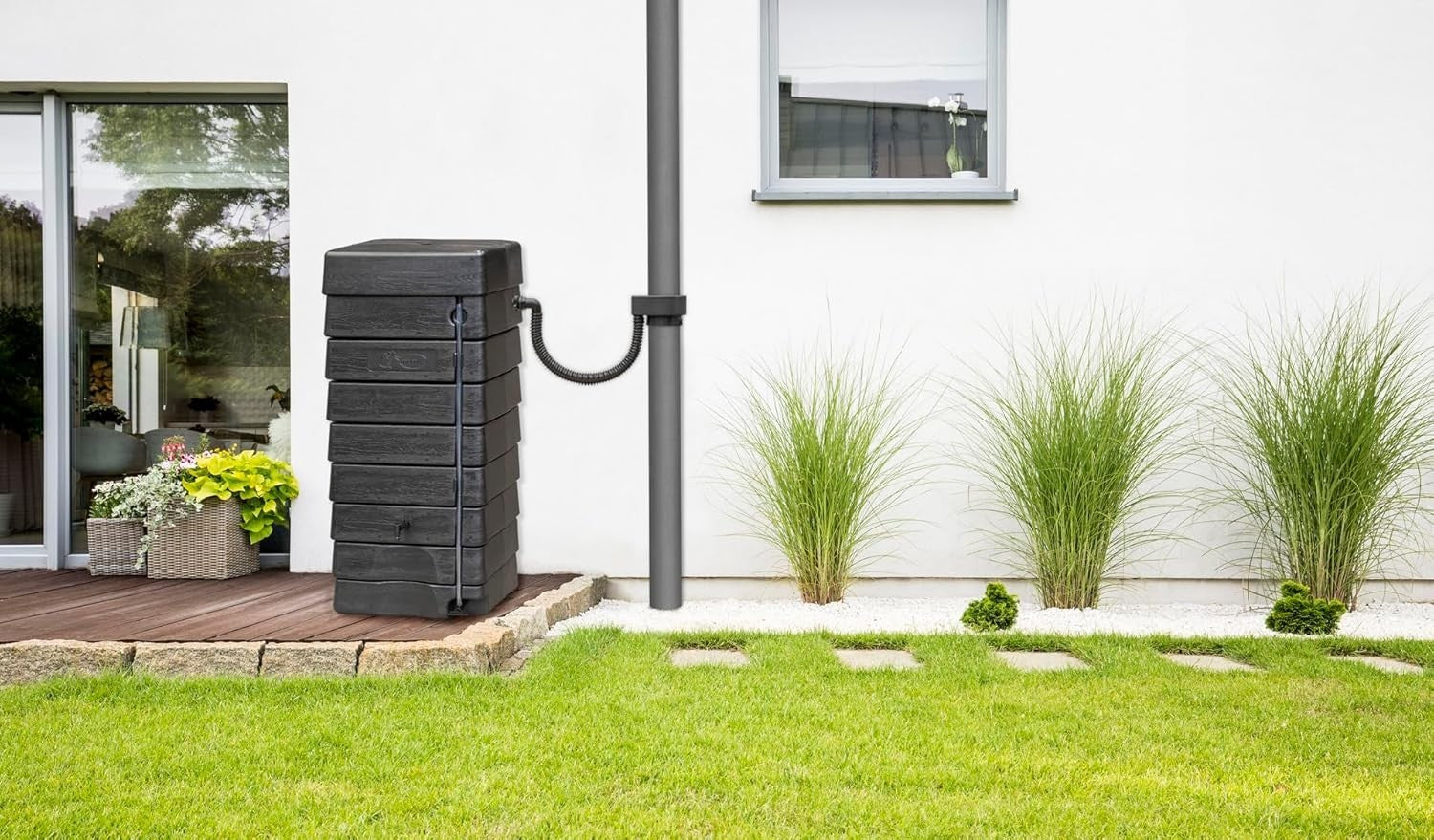 276L Black Wall-Mounted Rainwater Tank with Downpipe Connector