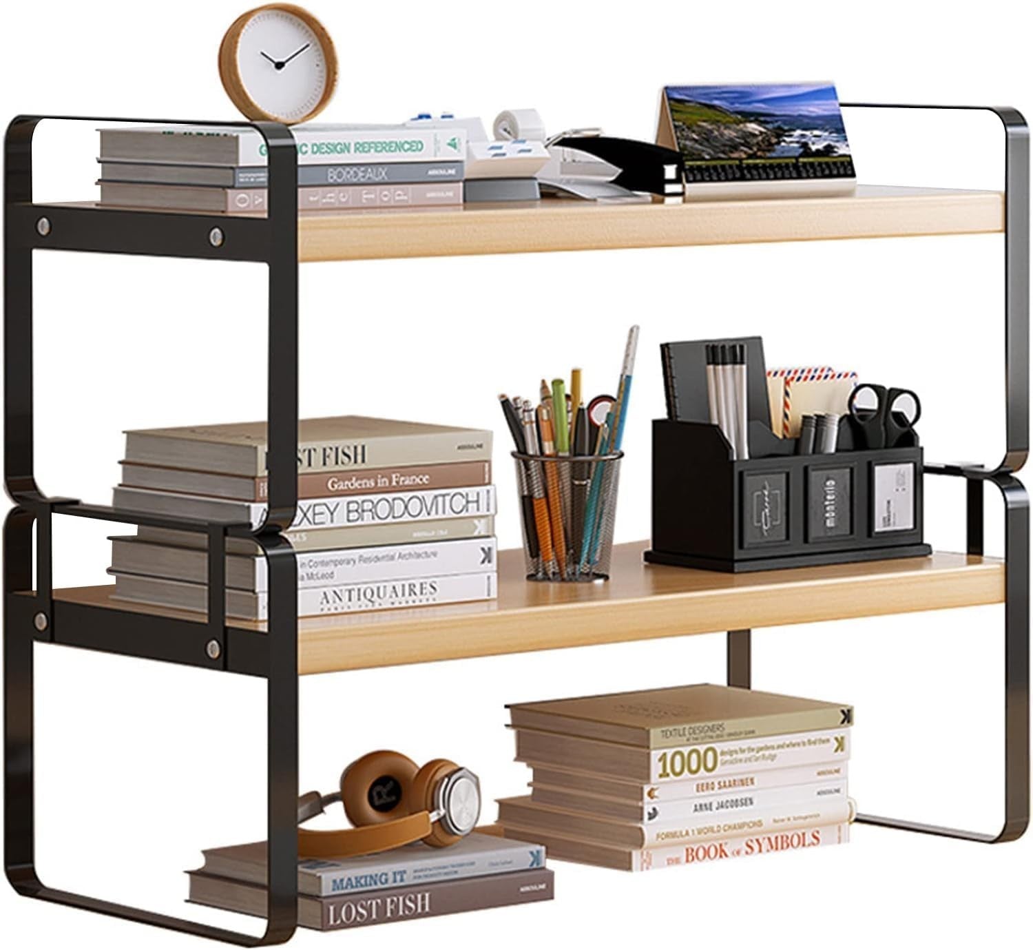 Wood Desk Shelf Organizer – Adjustable 2-Tier Desktop Storage Rack for Office