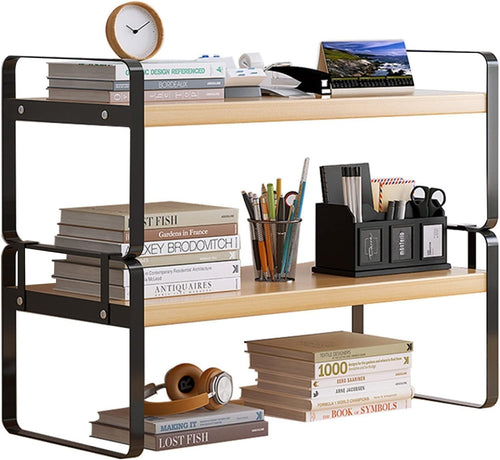 Wood Desk Shelf Organizer – Adjustable 2-Tier Desktop Storage Rack for Office