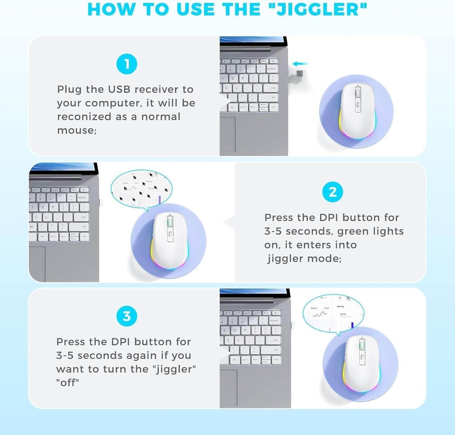 White RGB Wireless Mouse Rechargeable Silent USB Jiggler Mode