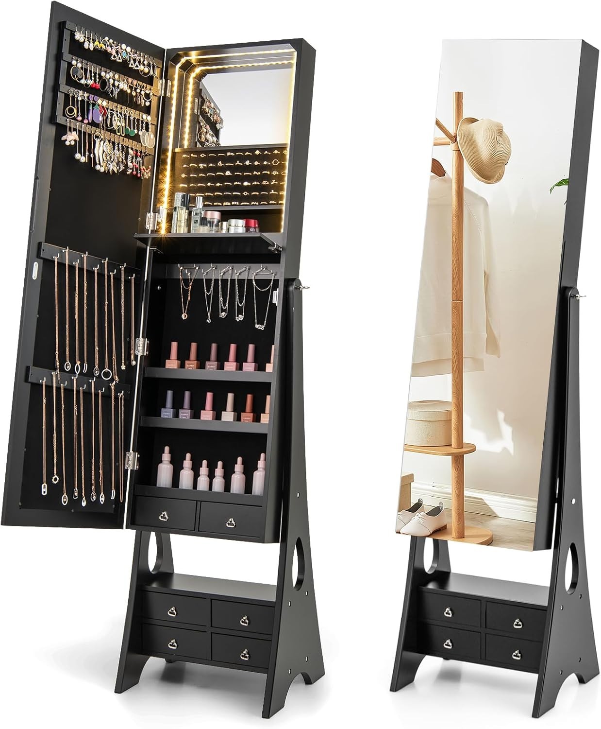 Black Freestanding Jewelry Armoire LED Mirror Large Storage Organizer