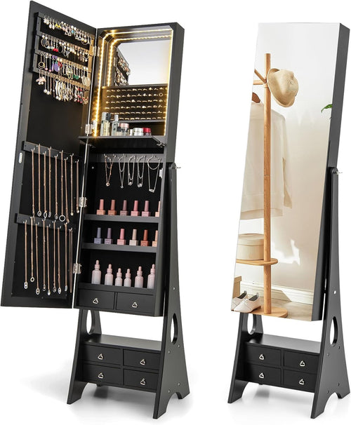 Black Freestanding Jewelry Armoire LED Mirror Large Storage Organizer