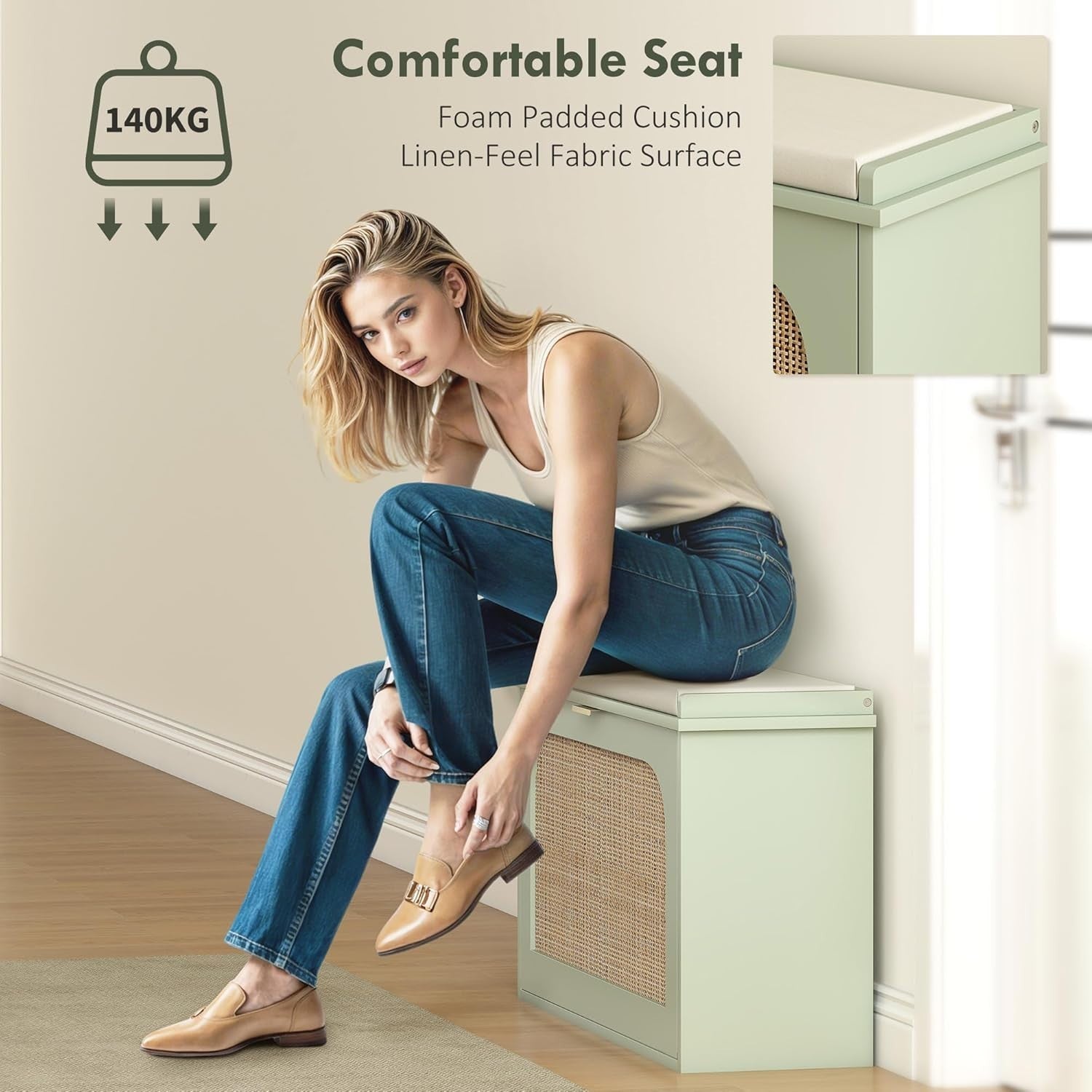 Compact Boho Shoe Bench with Padded Seat & Flip Drawer, Holds 8 Pairs