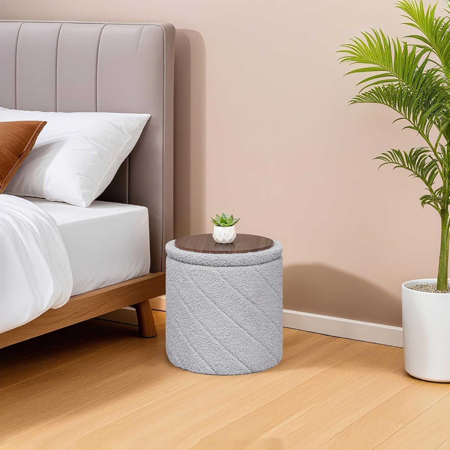 Grey Boucle Round Storage Ottoman Stool Folding Footrest Vanity Seat
