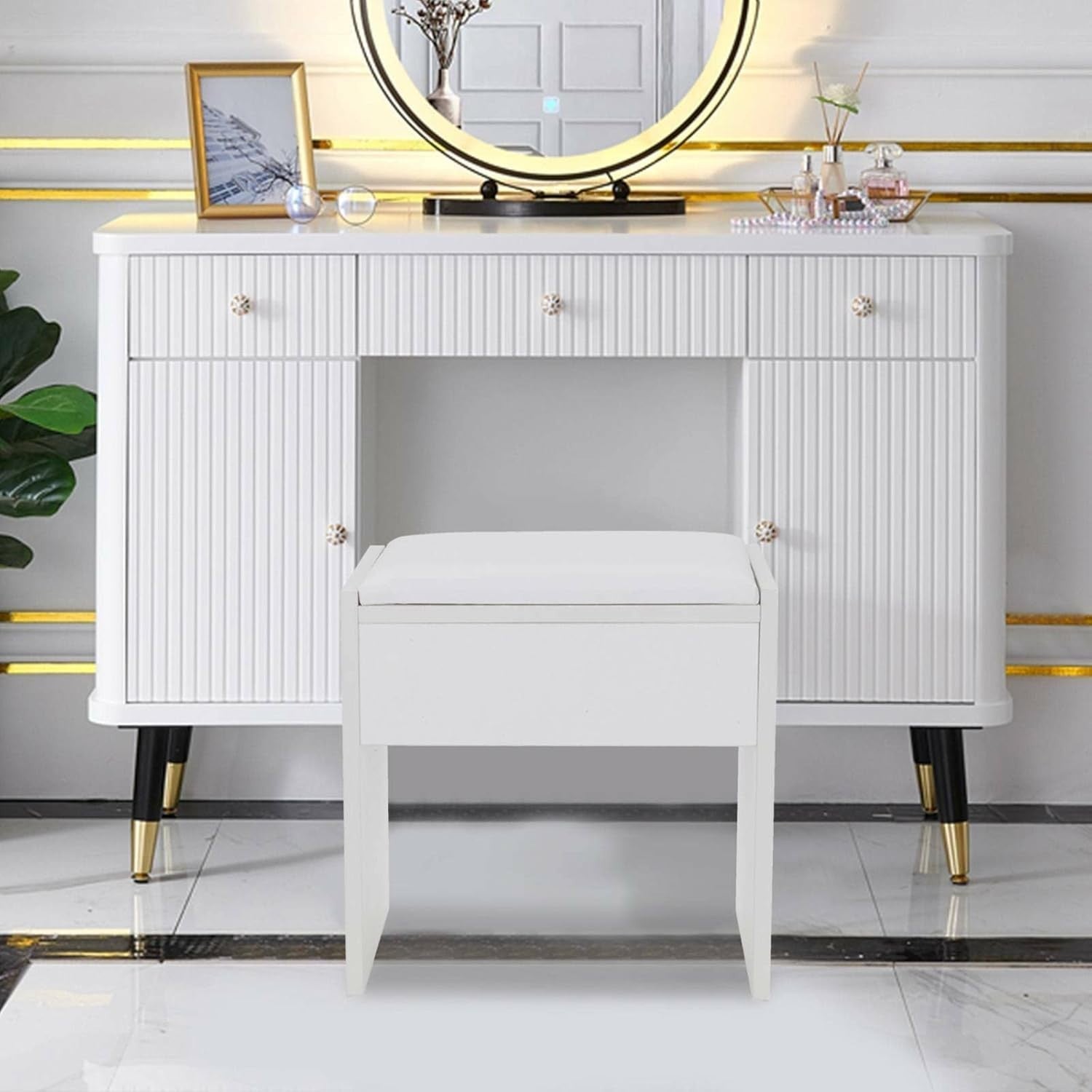White Padded Vanity Stool Square Makeup Seat Modern Dressing Table Chair