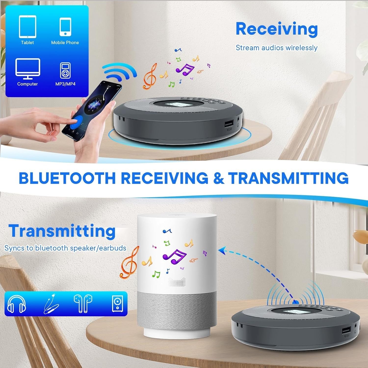 Portable CD Player Bluetooth Rechargeable Anti-Skip Speakers AUX Car