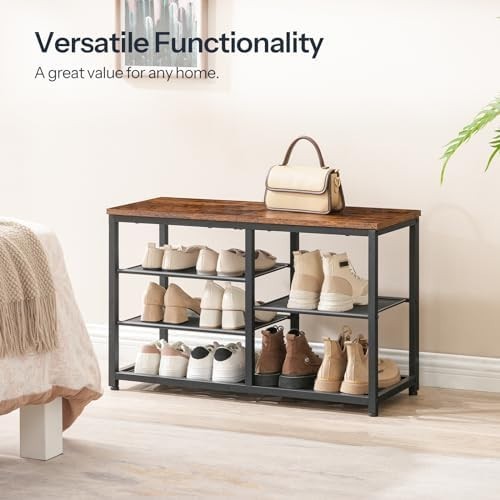 Rustic Brown 5-Tier Shoe Storage Bench with Seat Metal Frame Entryway Rack