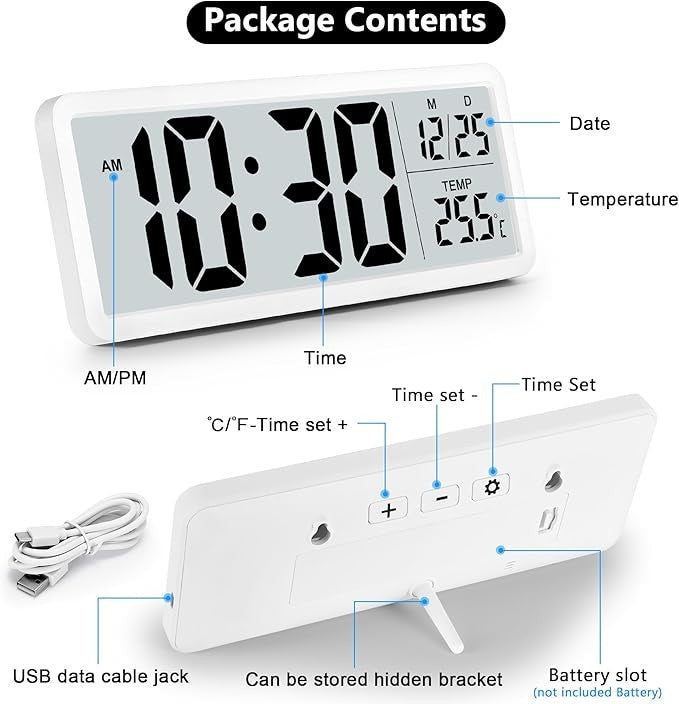 Large Digital Wall Clock Big Display Temp Date 12/24Hr Battery Powered Home