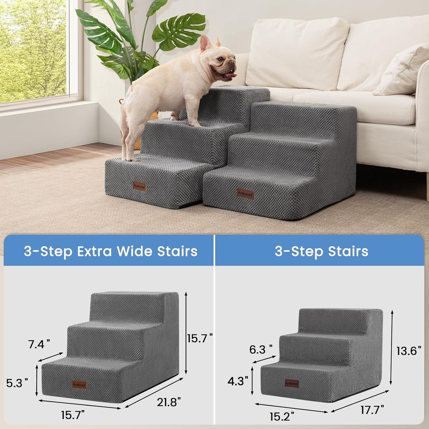 3 Step Dog Stairs Non Slip Pet Steps for Small Dogs Grey