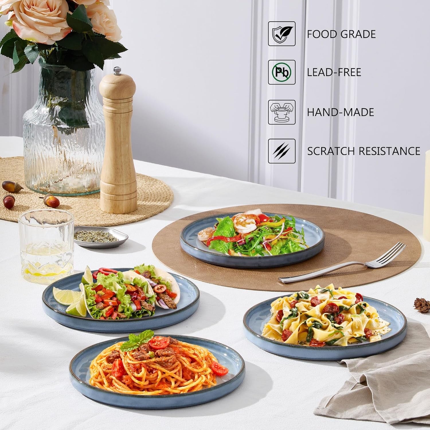 7.9in Ceramic Dinner Plates Set of 6 Scratch Resistant Microwave