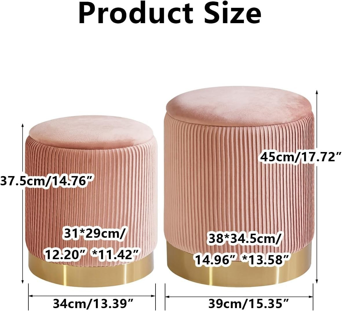 Set of 2 Pink Round Storage Ottomans – Velvet Pouffe Stools & Side Tables