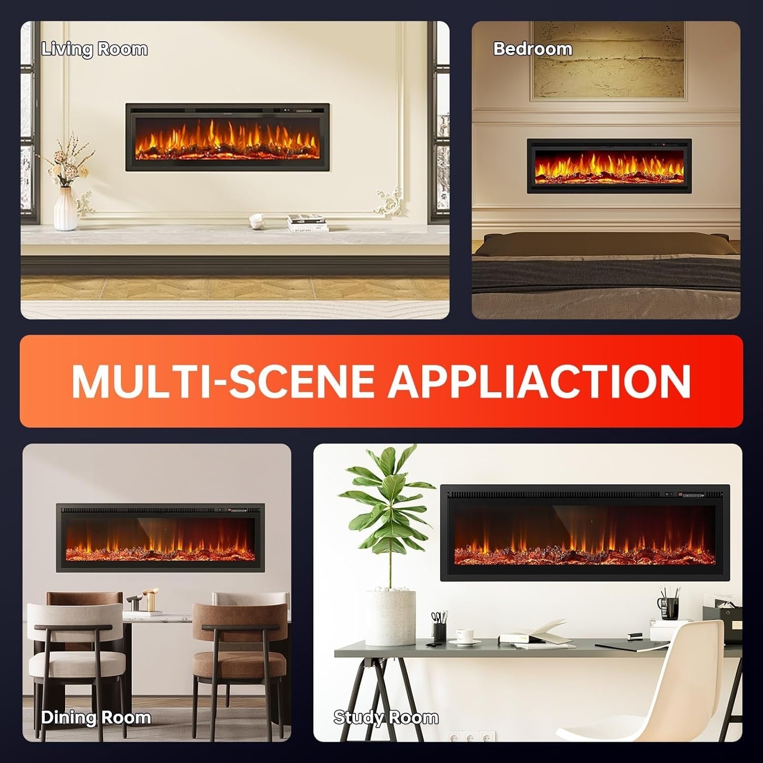 Electric Fireplace 40" Wall Mounted Heater WiFi LED Flame Remote Log Set