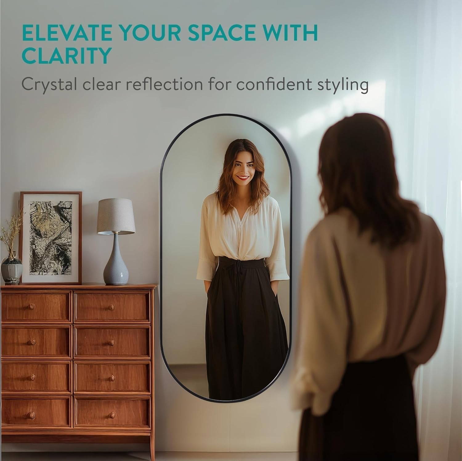Large Oval Wall Mirror Full Length 110cm Black Frame for Bedroom Bathroom