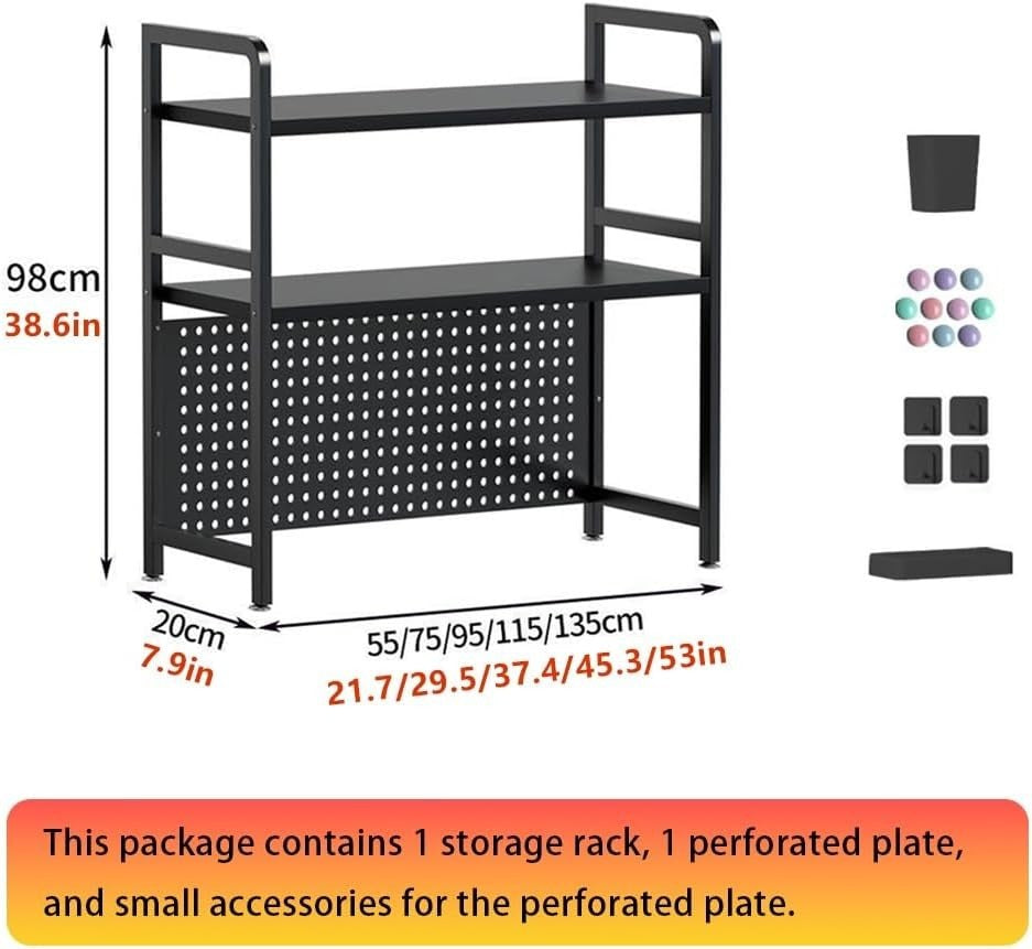 White 2-Tier Desk Organizer Shelf w/ Pegboard | Metal Desktop Rack 55x20x98cm