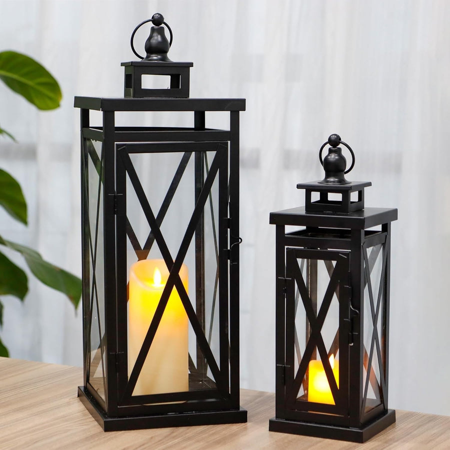Set of 2 Black Metal Candle Lanterns Home Garden Decor