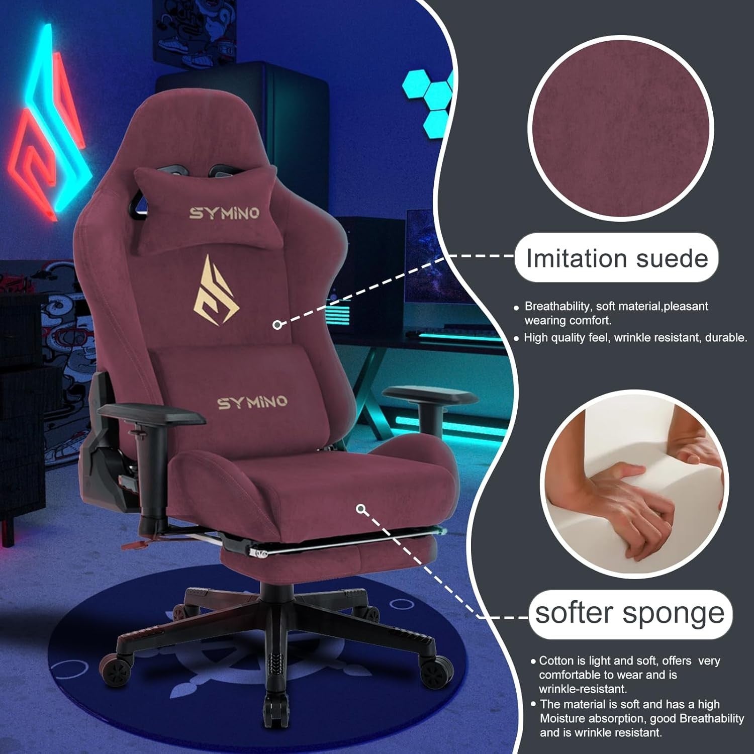 Ergonomic Red Faux Suede Gaming Chair Recliner Swivel Office Desk Chair