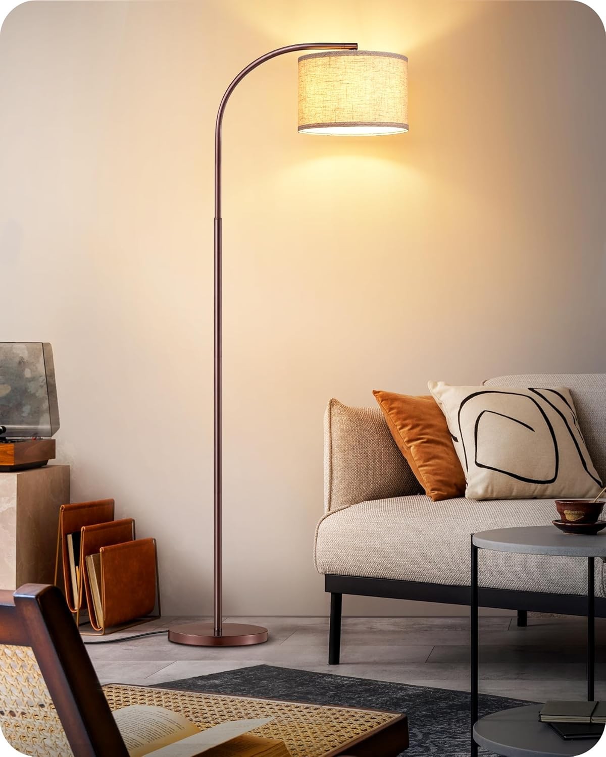 Modern Arc Floor Lamp Adjustable Linen Shade Brown Standing Light E27