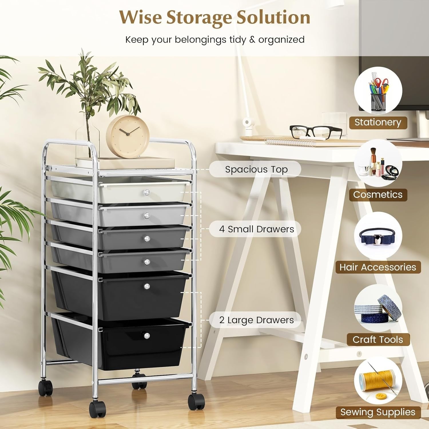 6 Drawer Gradient Black Storage Trolley Rolling Organizer with Wheels