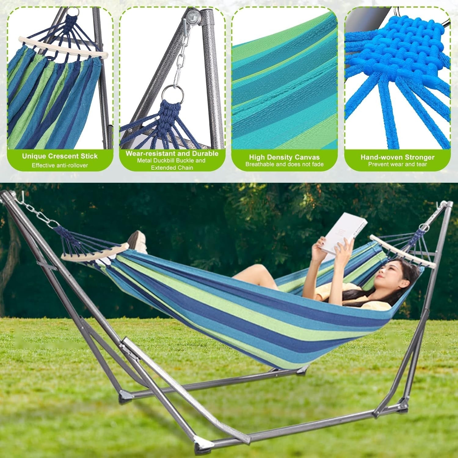 Double Hammock with Stand – Adjustable 2 Person Garden Swing Bed Indoor Outdoor