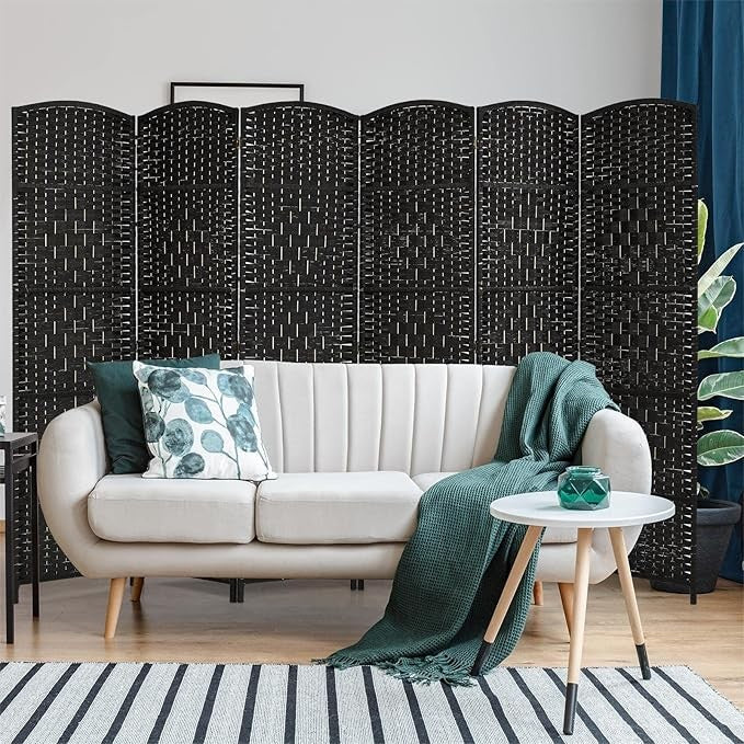 6 Panel Folding Room Divider – Black Woven Privacy Screen for Bedroom
