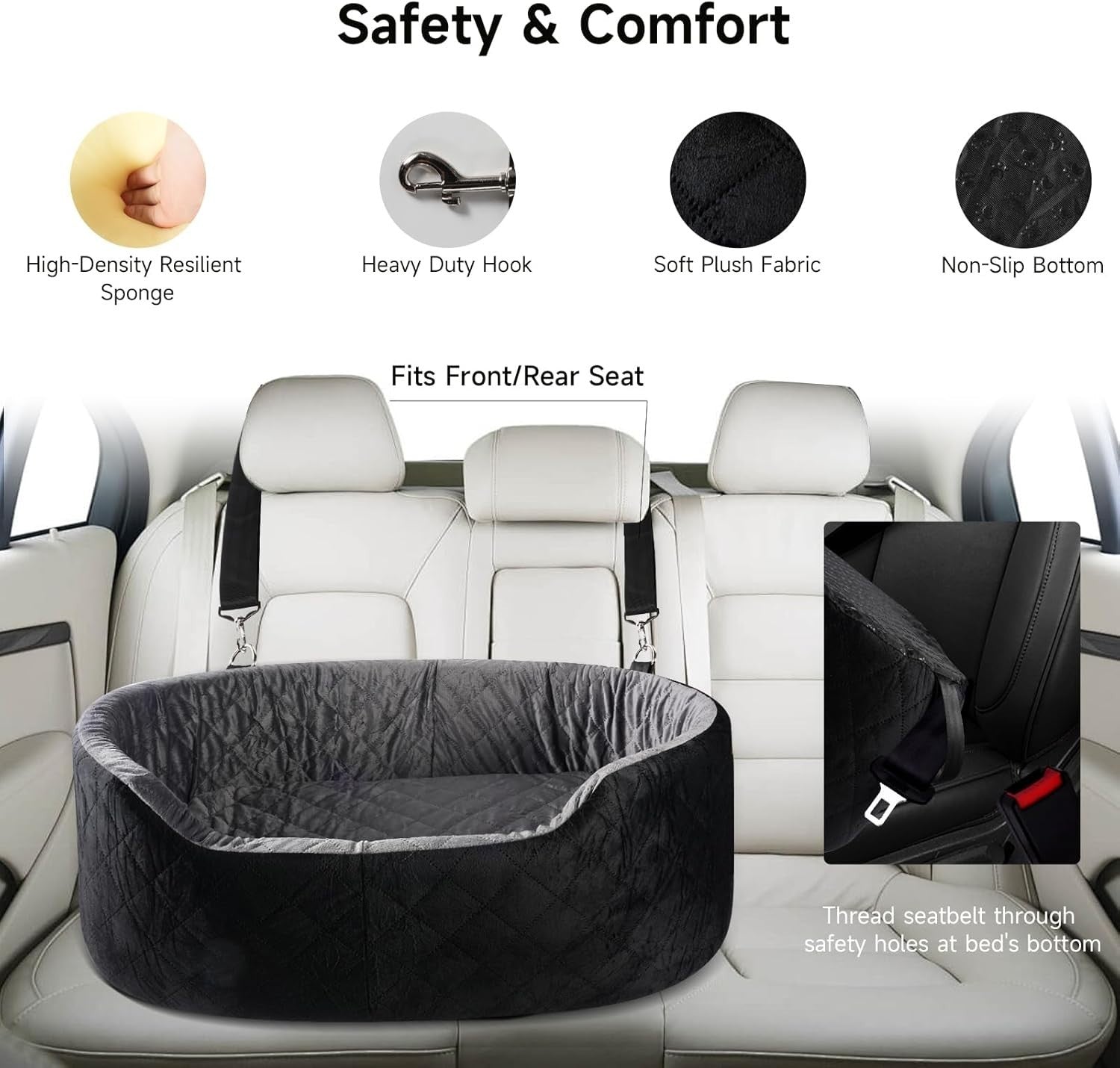 Large Dog Car Seat Booster Memory Foam Pet Travel Bed Washable Black