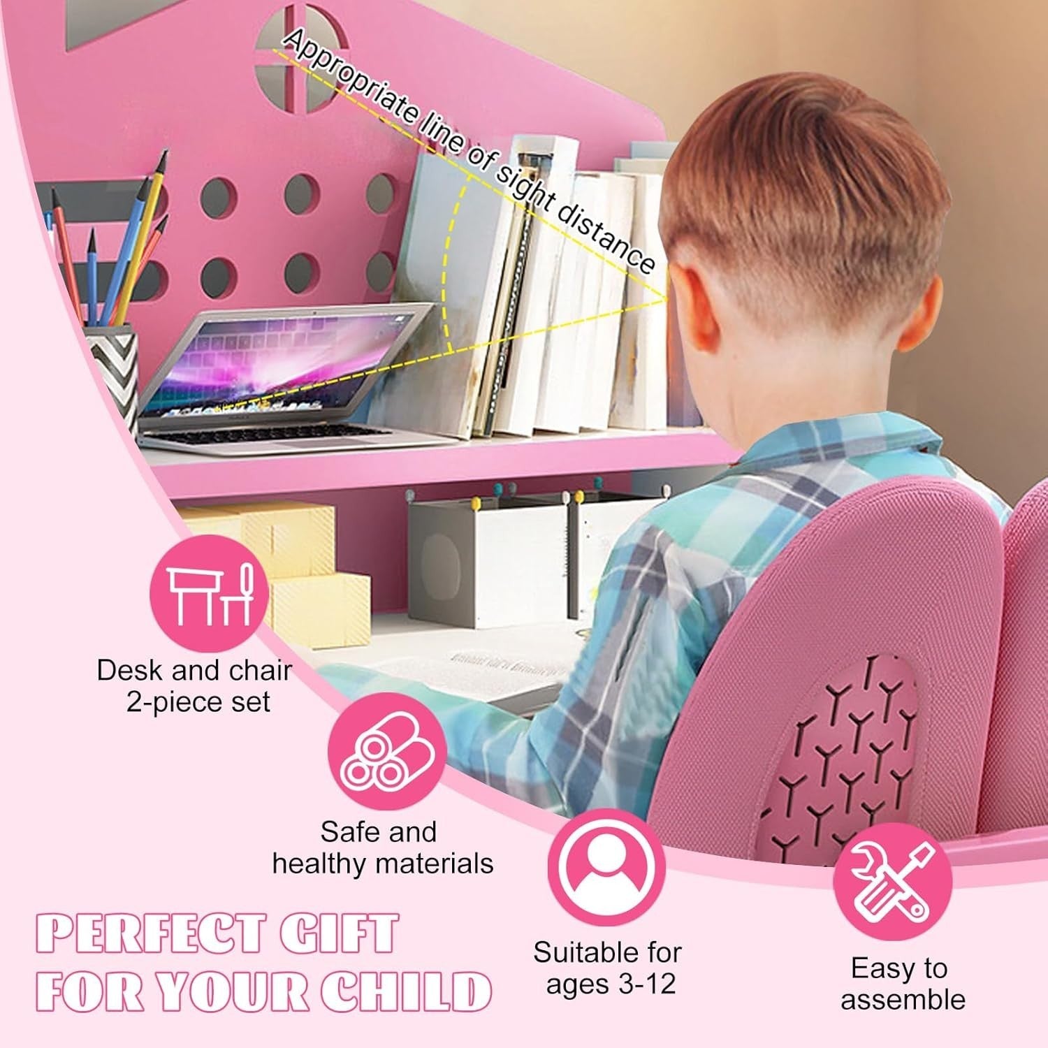 Adjustable Kids Desk & Chair Set with Drawer, Castle Backboard, Ergonomic Pink
