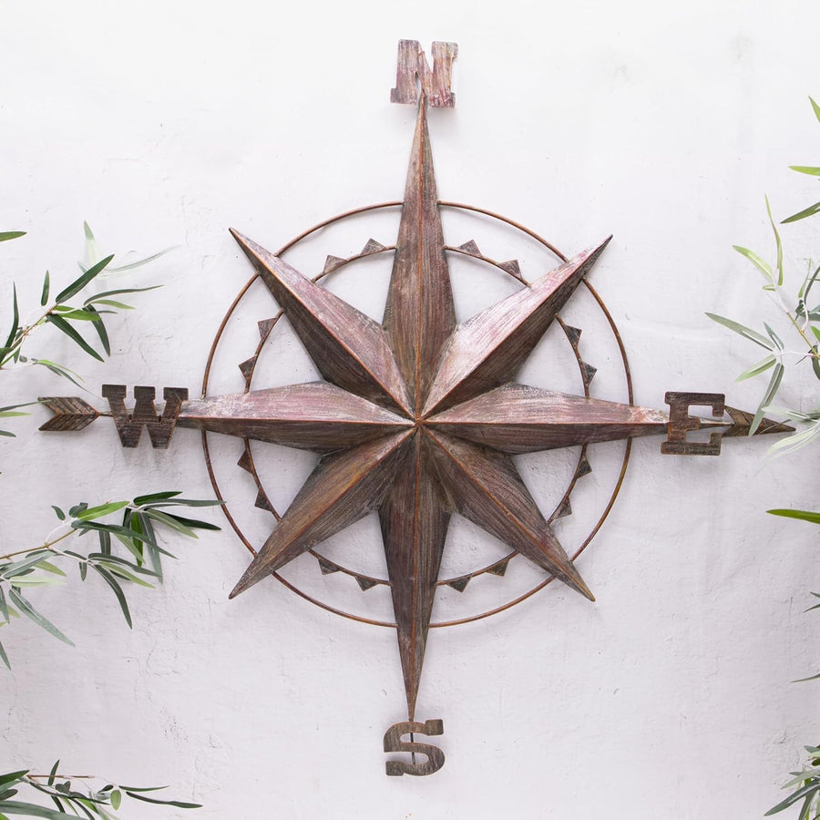 Large Rustic Metal Compass Wall Art 90cm Vintage Garden Decor