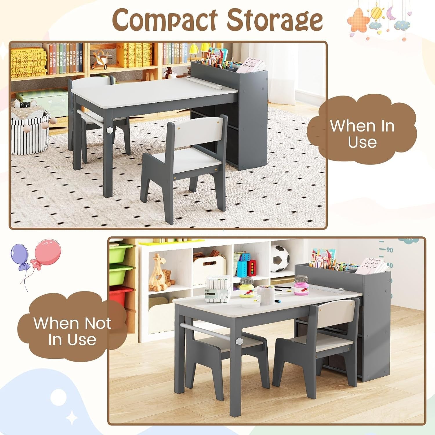 Kids Art Table & Chair Set Grey – Paper Roll + Storage Bins Craft Desk