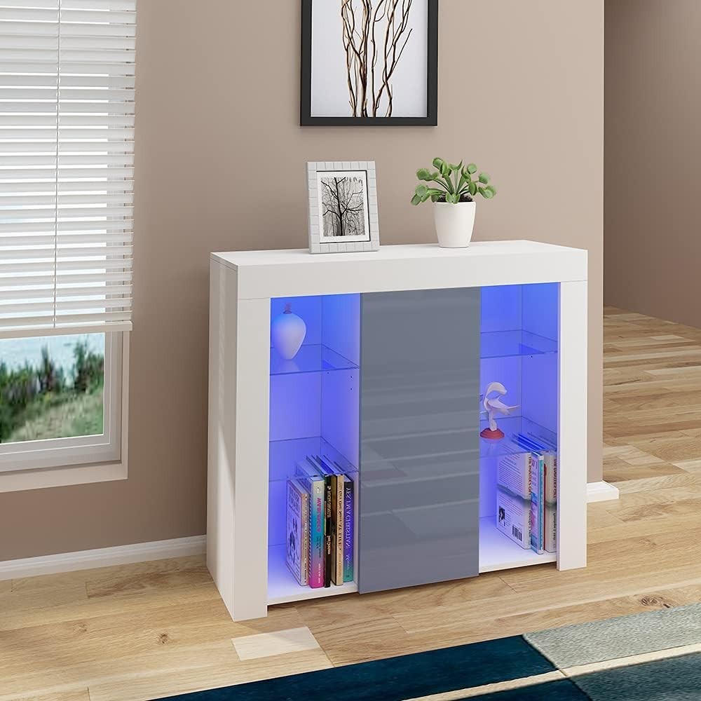 LED Sideboard Cabinet Grey Modern Display Unit with Glass Shelves RGB