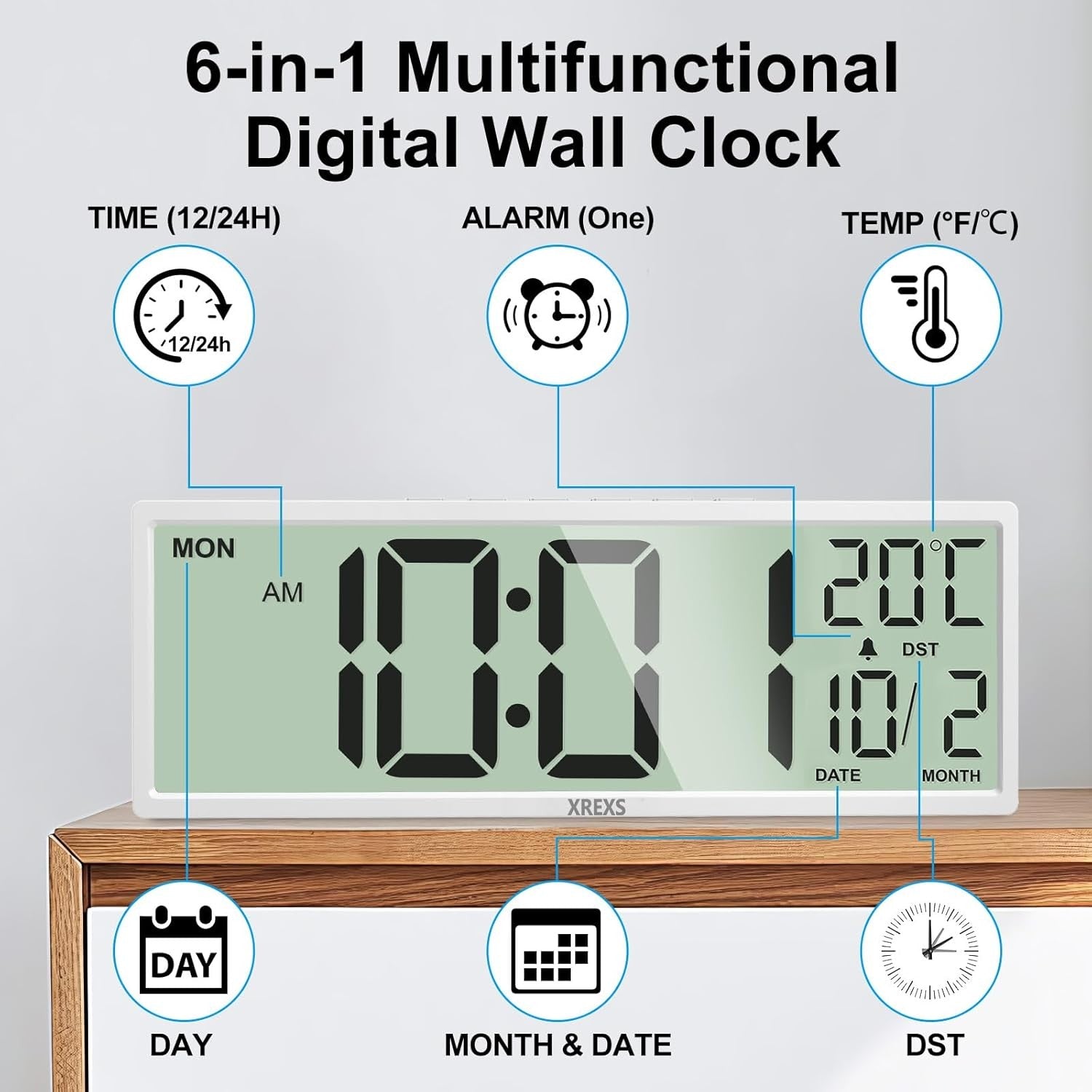 Large Digital Wall Clock 14.5" Jumbo Display Auto DST Temp Date Alarm Modern