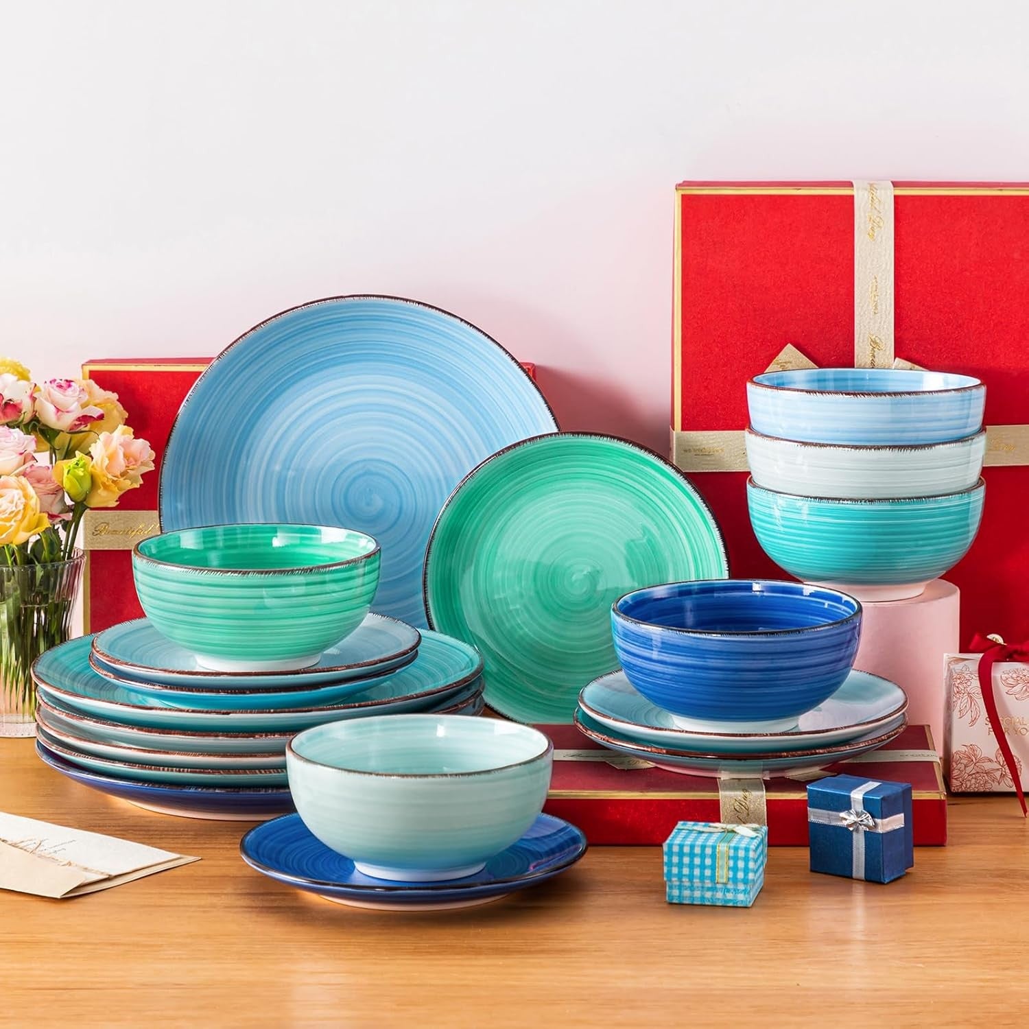 18pc Stoneware Dinner Set Blue Plates Bowls Hand Painted Spiral Design