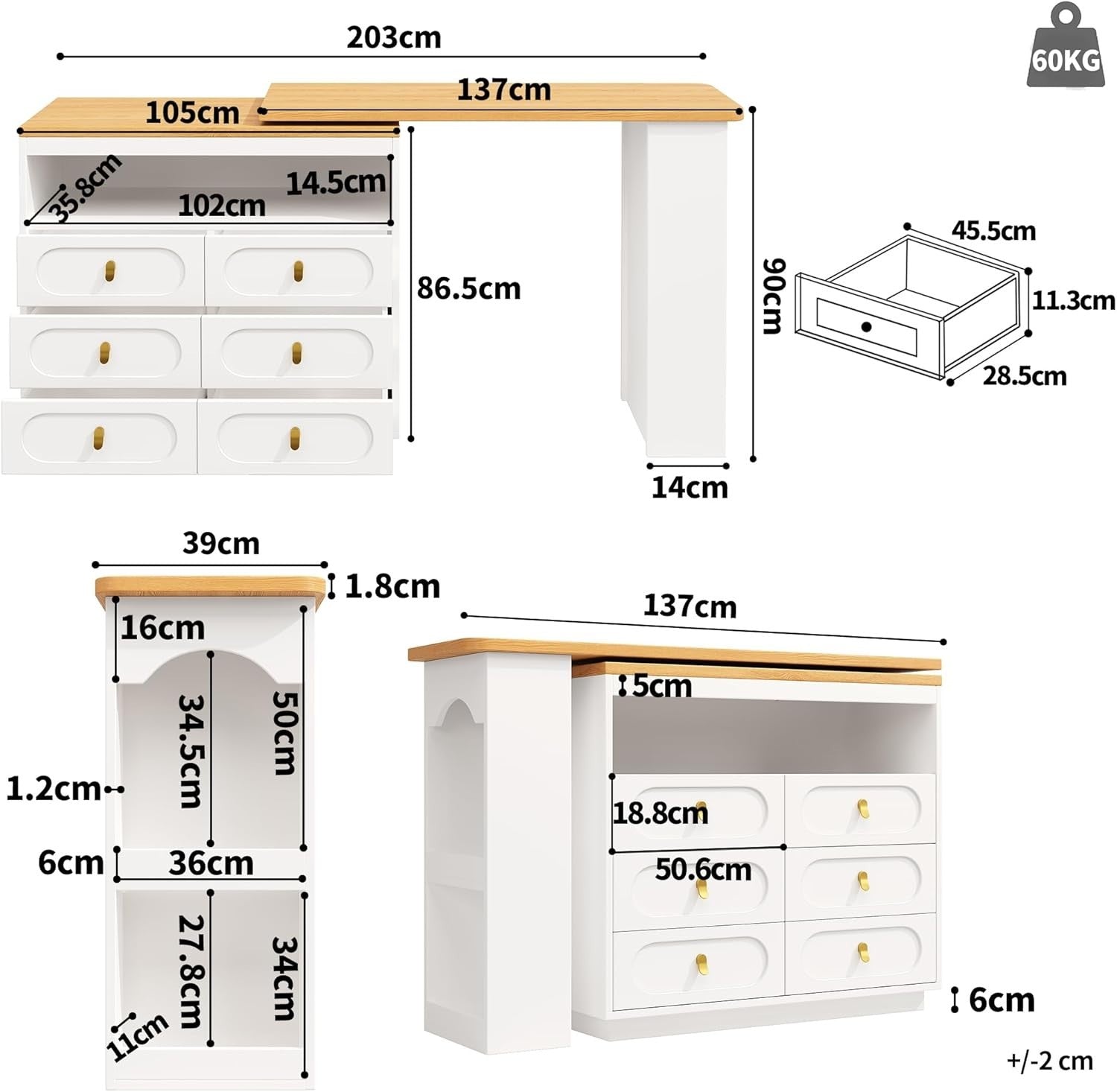 360° Swivel Bar Table w/ 6 Drawers & Storage Shelves Extendable White Furniture
