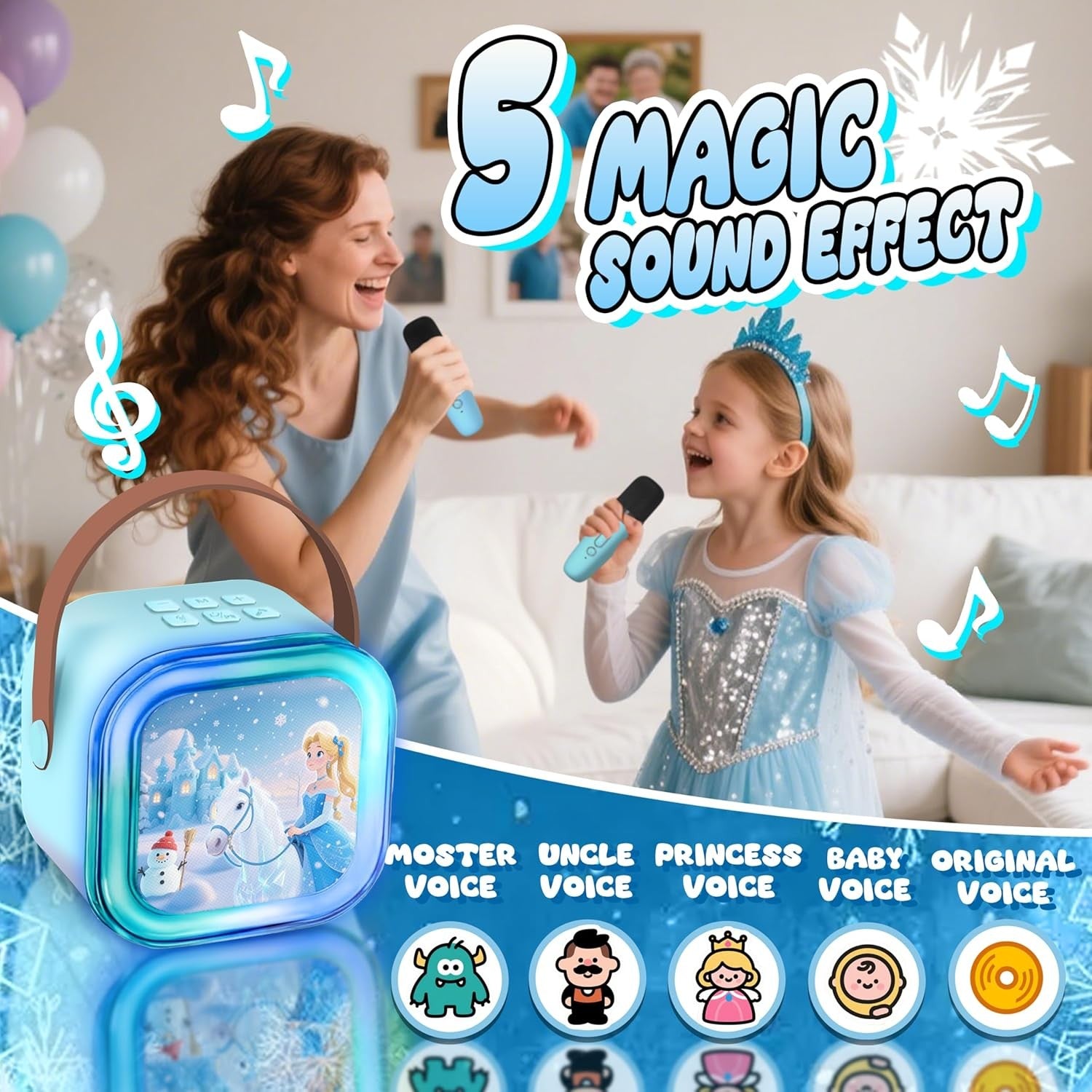 Blue Kids Karaoke Machine with 2 Mics LED Light Portable Speaker