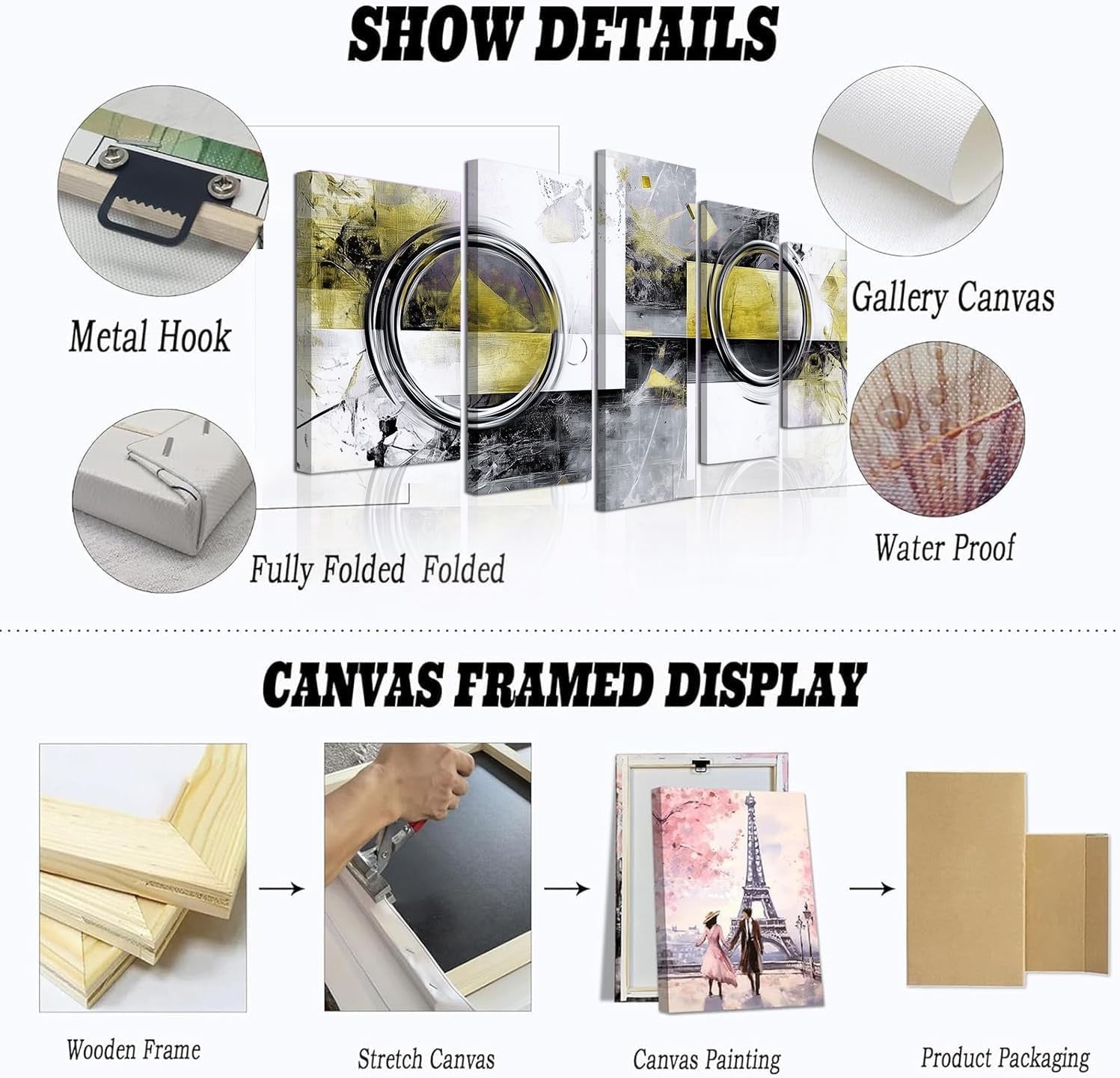 Large 5 Piece Abstract Wall Art Canvas Set Yellow Grey Framed 100x55cm