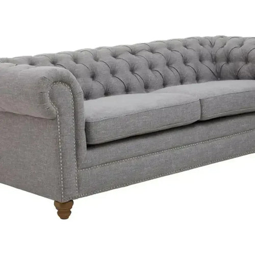 Grey Linen 3 Seater Chesterfield Sofa w/ Scroll Arms & Wooden Legs