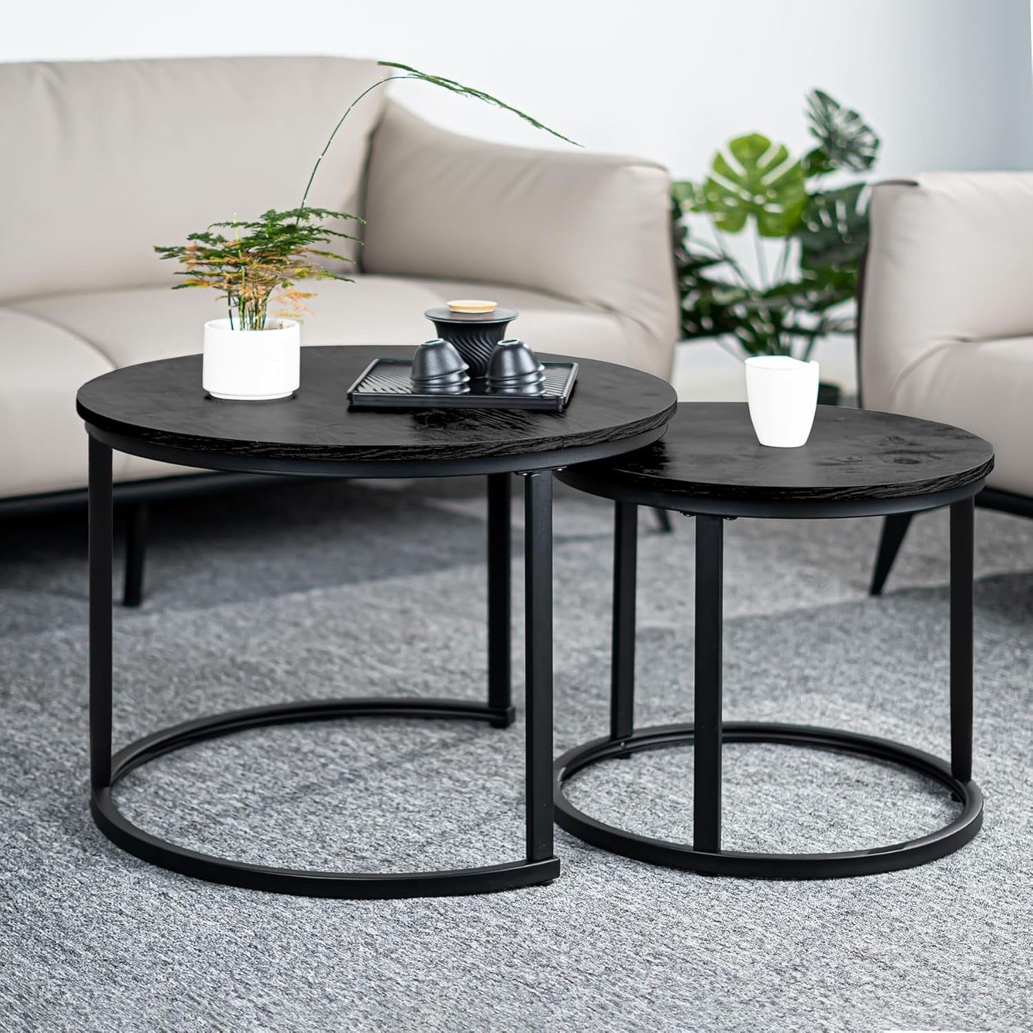 Round Nesting Coffee Tables Set of 2, Storage Shelf, Metal Frame, Modern