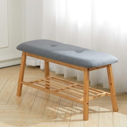 Bamboo Shoe Rack Bench with Padded Linen Seat Grey – Entryway Storage