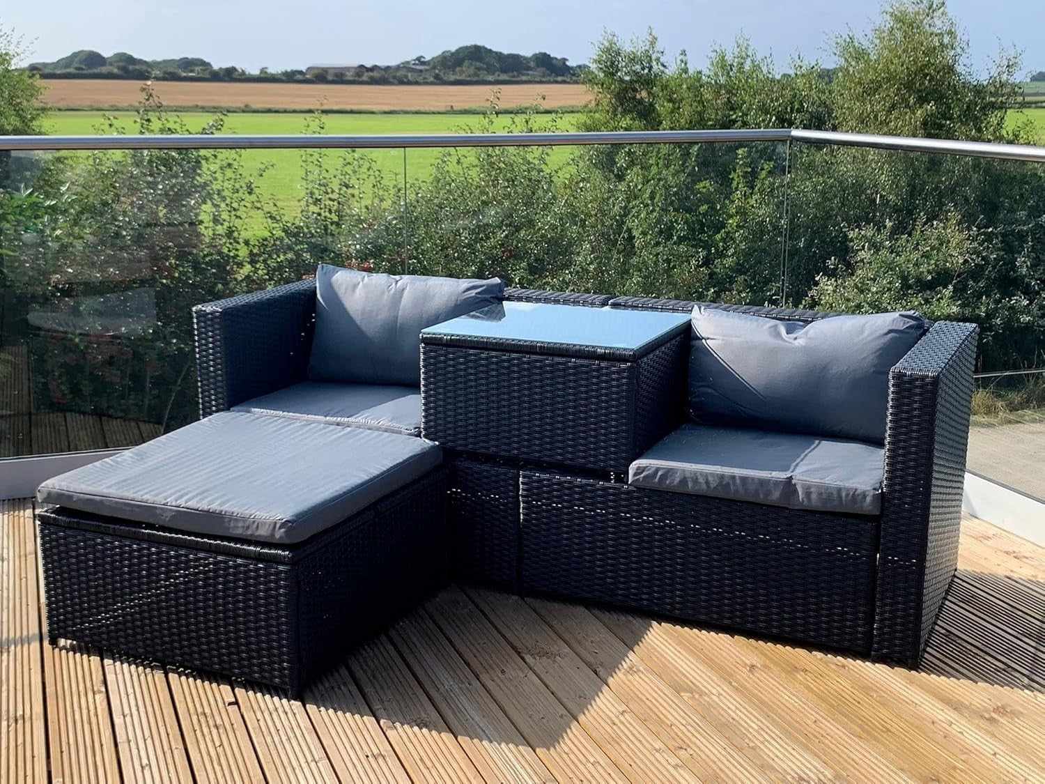 Outdoor Black Rattan Garden Sofa Set 4-Piece L-Shape Lounge Patio Modular