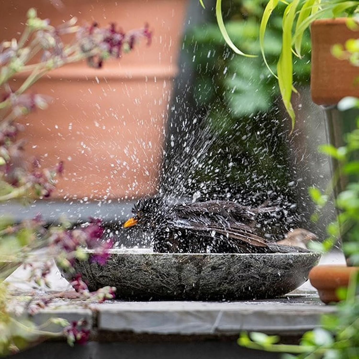 30cm Green Marble Bird Bath | Polished Garden Bowl for Birds & Bees
