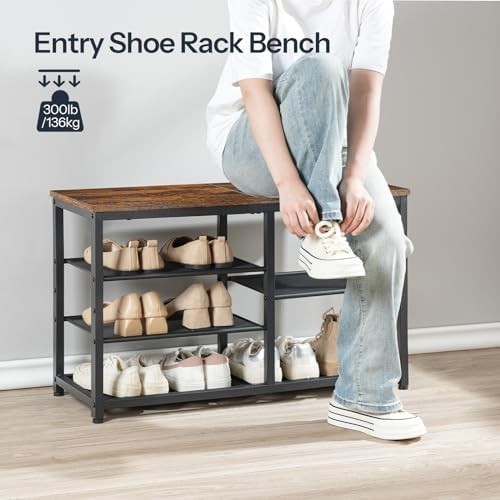 Rustic Brown 5-Tier Shoe Storage Bench with Seat Metal Frame Entryway Rack